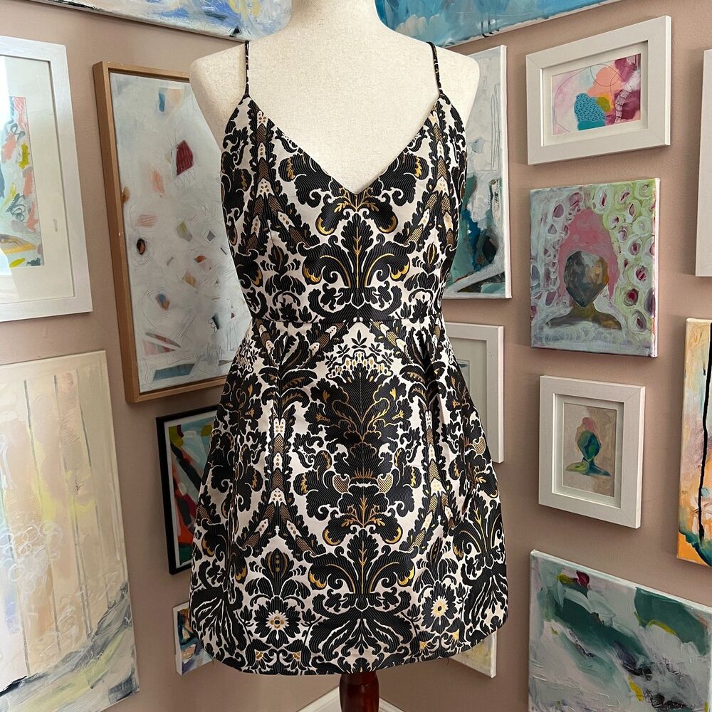 Free People Queen of Hearts Mini Dress Sz 8 Black Gold Romantic Brocade Cocktail